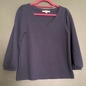 LOFT- puff sleeve dark teal faded navy blue v-neck textured blouse (S)